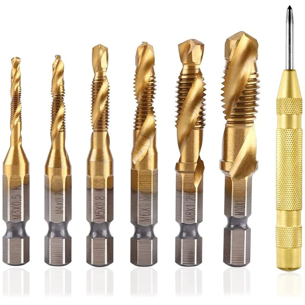 HASTHIP® 6 Pack Spiral Hex Shank Combination Drill Screw Tap Bit Set (M3-M10), Tap Drill Bits Threading Drill Bit Threading Bit Tool for Drilling, Tapping, Cutting on Soft Metal, Aluminum Plate