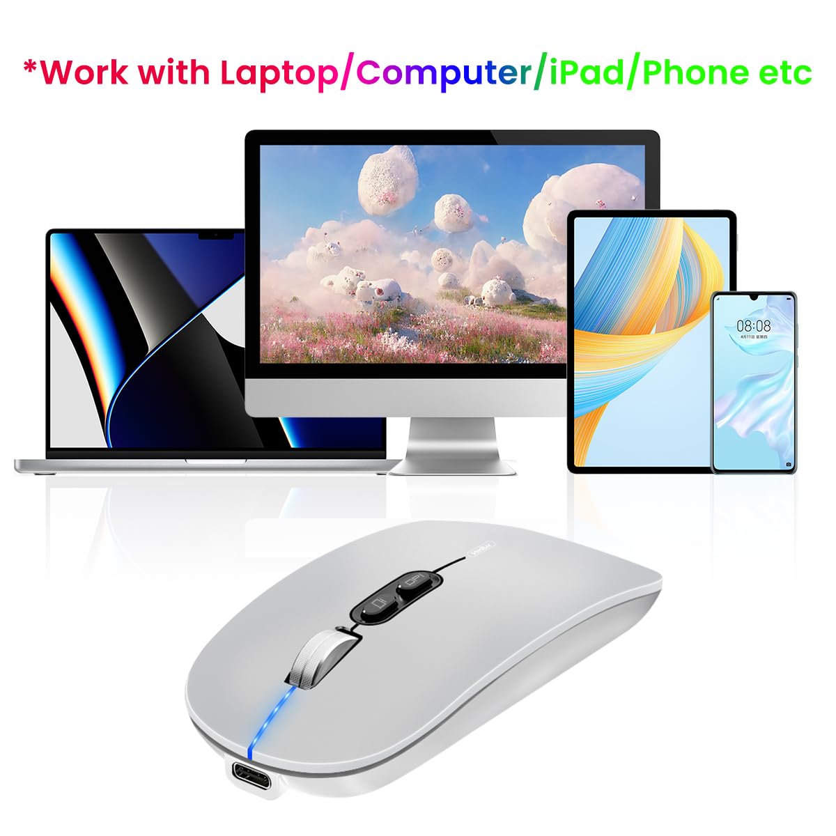 Verilux Wireless Mouse Rechargeable with Visible Battery Level 3 Modes 1600DPI Silver | for Laptop Mac PC iPad