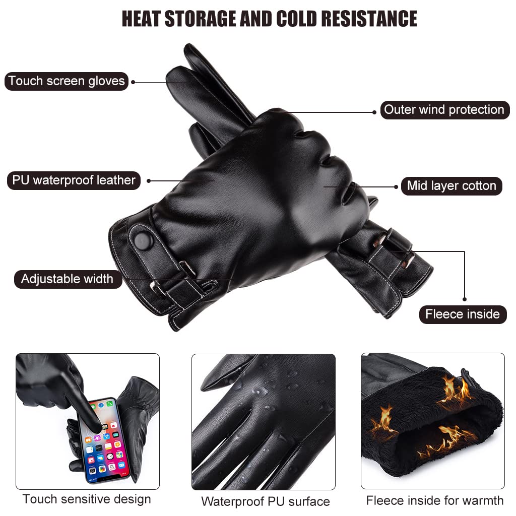 Proberos® PU Leather Winter Gloves for Men Fleece Warm Lining Touch Screen Fashion Driving Black Style 3 2PCS