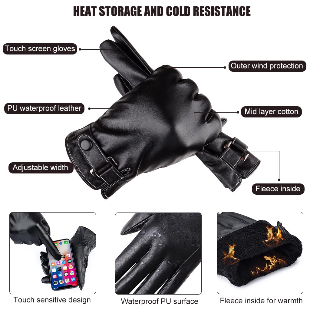 Proberos Winter Gloves for Men, PU Leather Fleece Warm Lining Gloves for Riding, Touch Screen Winter Gloves Fashion Winter Leather Gloves for Men Driving Gloves for Men (Black Style 3)