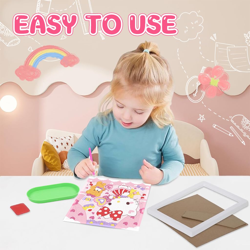 Fancyku DIY Diamond Painting Kit for Kids 7 Inches Cat Bear with Wooden Frame | 2 PCS Craft Gift