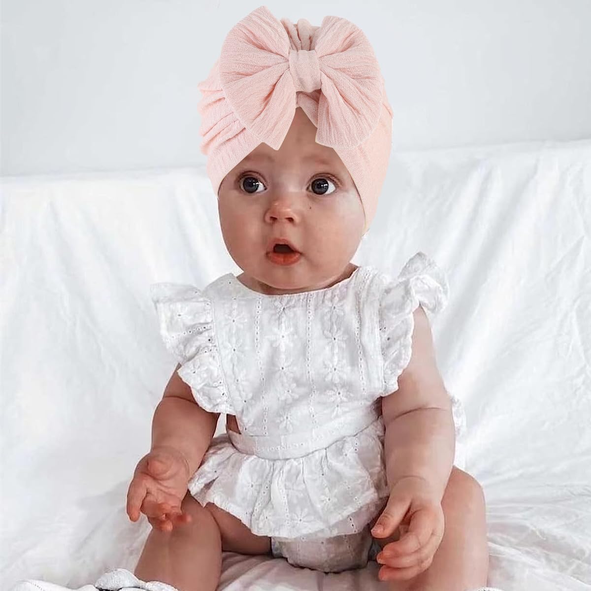 SNOWIE SOFT baby cap set for girls featuring crochet bow design and 9pcs 17x16cm hats | warm stretchy polyester for 3–18 month newborn gift