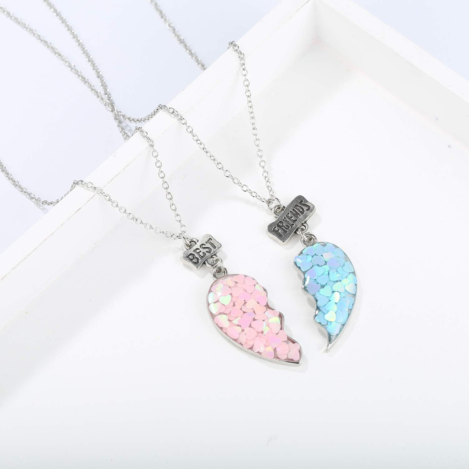 Zibuyu Best Friends Pendant Necklace Set for Girls featuring Pink and Blue Half Heart 6PCS