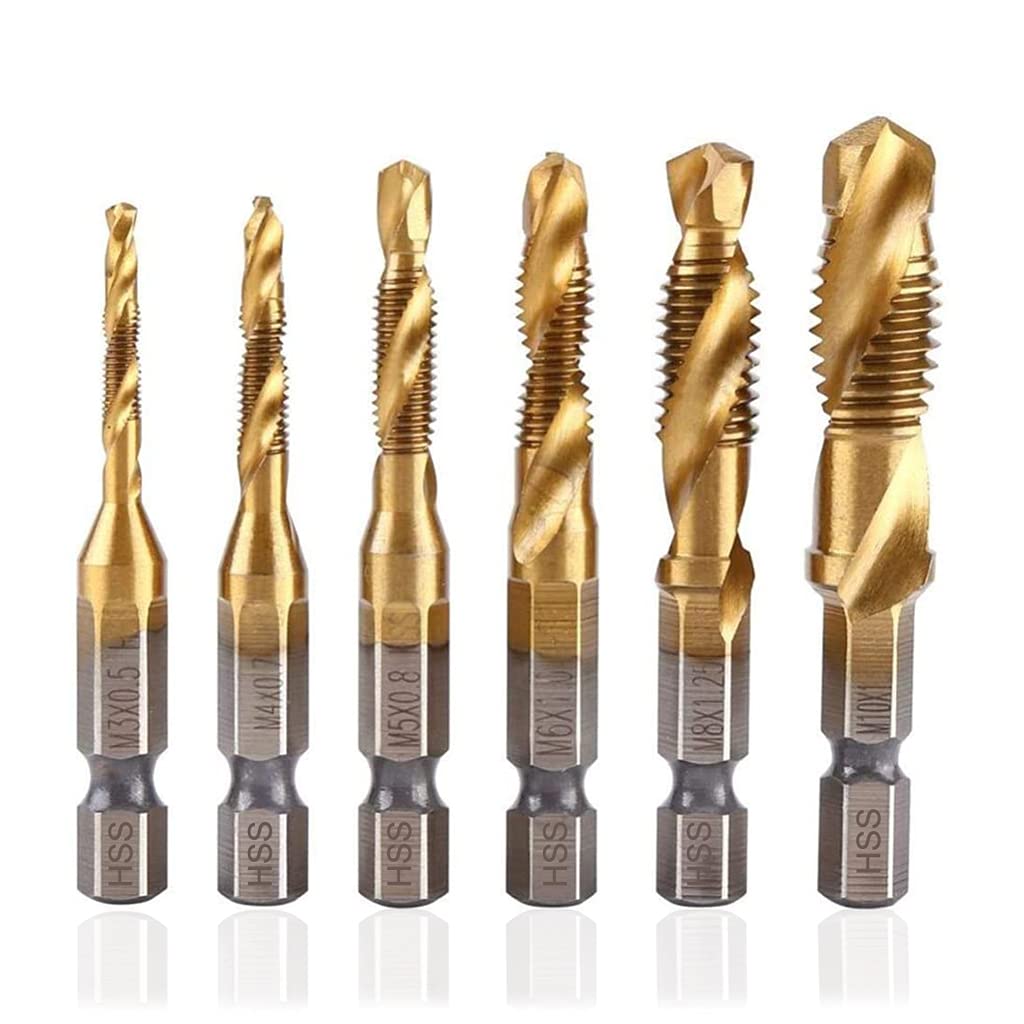 HASTHIP Drill Tap Bit Set for Soft Metal and Aluminum with 6pcs M3–M10 HSS 4341 Titanium | 1/4 Inch Hex Shank Threading Tools