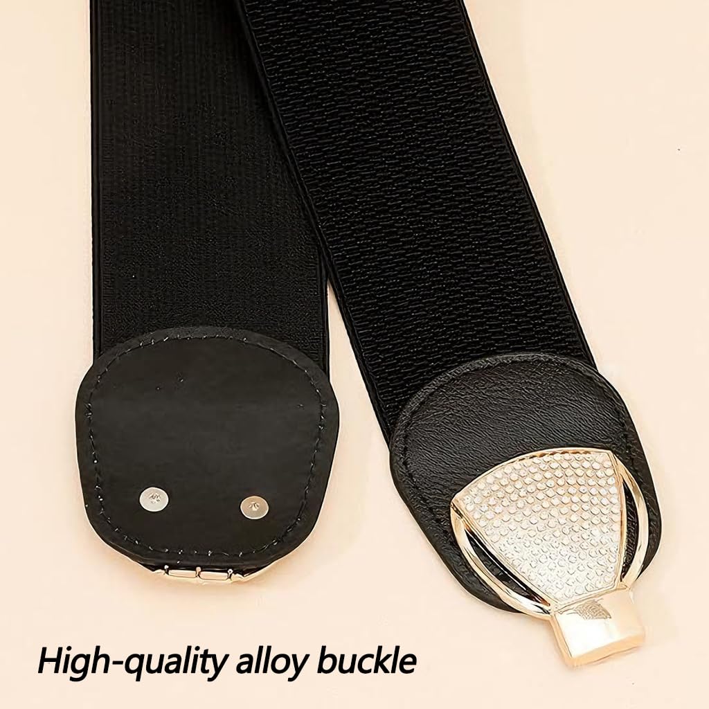 Zibuyu Wide Elastic Belt for Women featuring Gold Bowknot & Diamond | Stretch 65–85cm Black Faux Leather