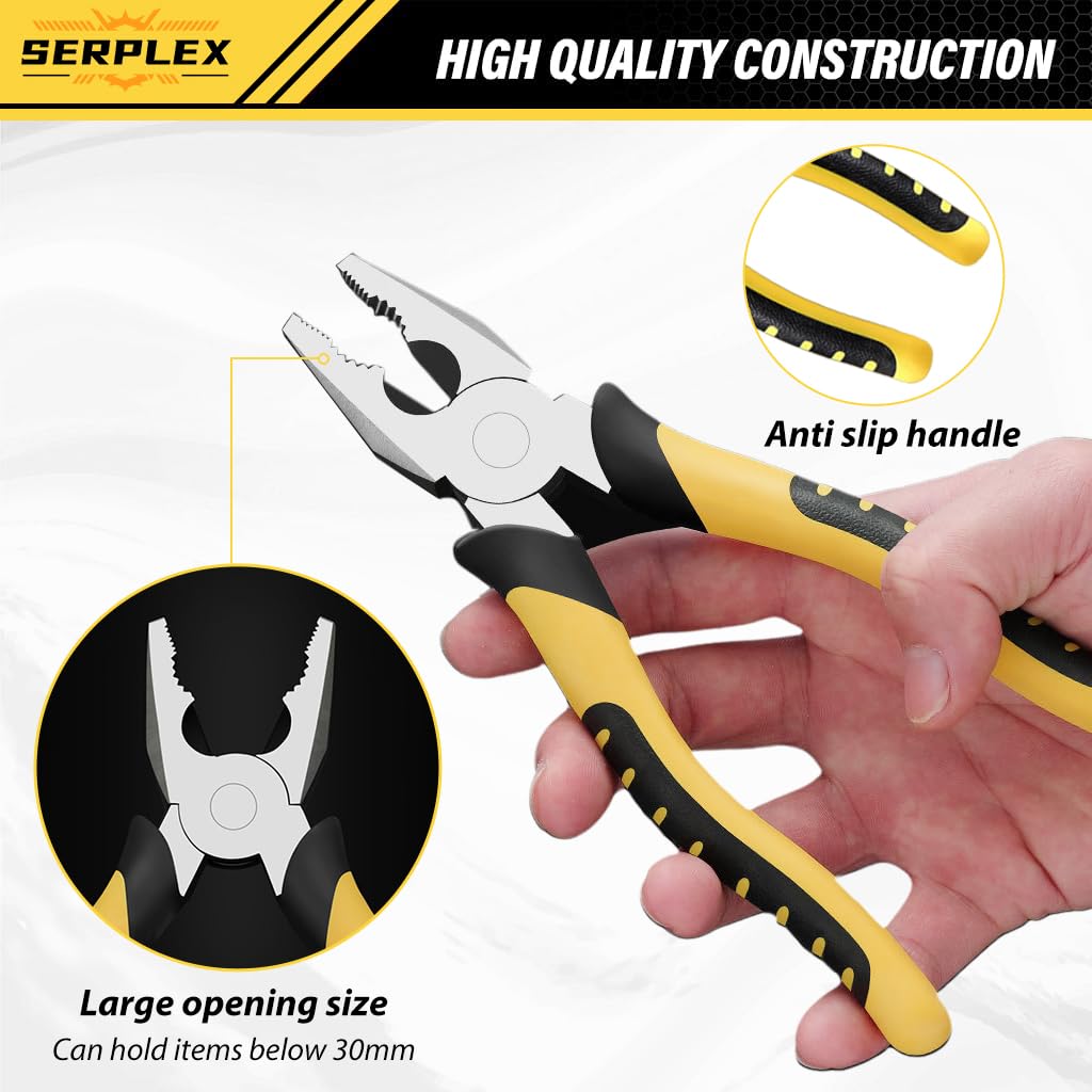 Serplex® 6'' Pliers Tool Set of 3Pcs Pliers Needle-nose Plier Combination Plier Side Cutter Rubberized Anti-slip Handle Design Multi-purpose Pliers for Electrical Work, Automotive Repair, Crafts