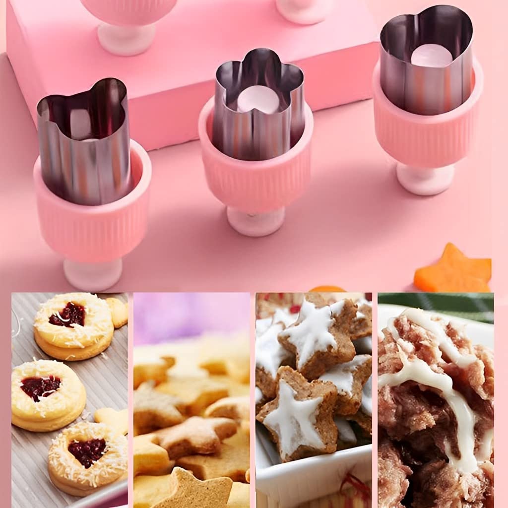 HASTHIP 5 Pcs Upgrade Cookie Cutter Shapes For Kids, Push Type Easy To Demold Stainless Steel Fruit Cutter, Cookies Cutter Shapes Embossing Mold, Bread Sandwich Cutter For Kitchen, Baking Mold (Pink)