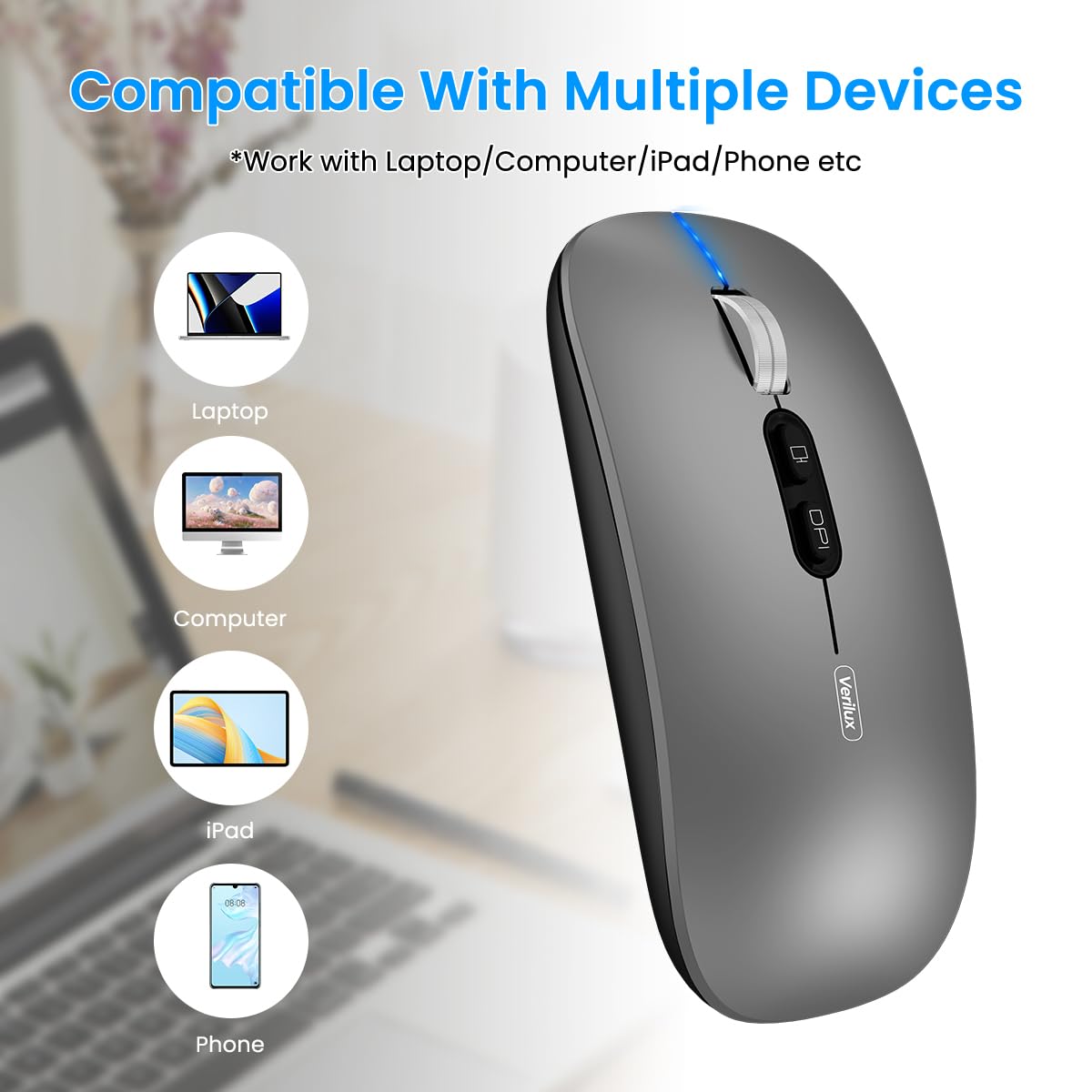 Verilux Wireless Mouse for Laptop with 1600DPI Sensor and Triple Mode Bluetooth | Silent Ergonomic Design