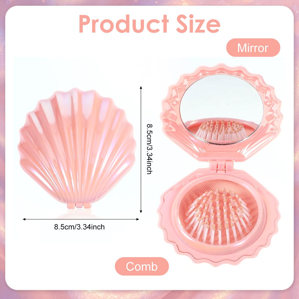 MAYCREATE Portable Comb for Travel with Built-In Mirror and Scalp Massage Brush | Pink Seashell