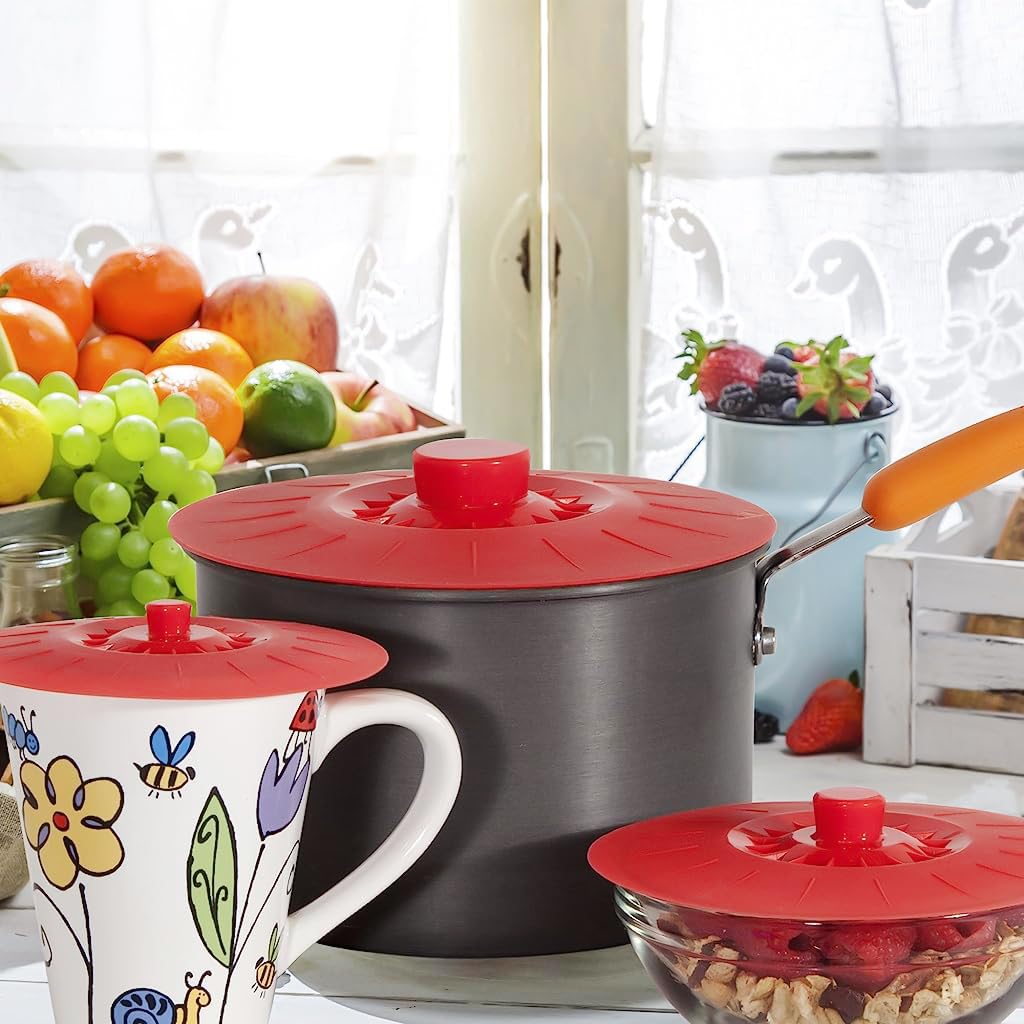 HASTHIP Silicone Bowl Covers for Pots and Containers featuring Suction Seal Lids 5 Sizes Red