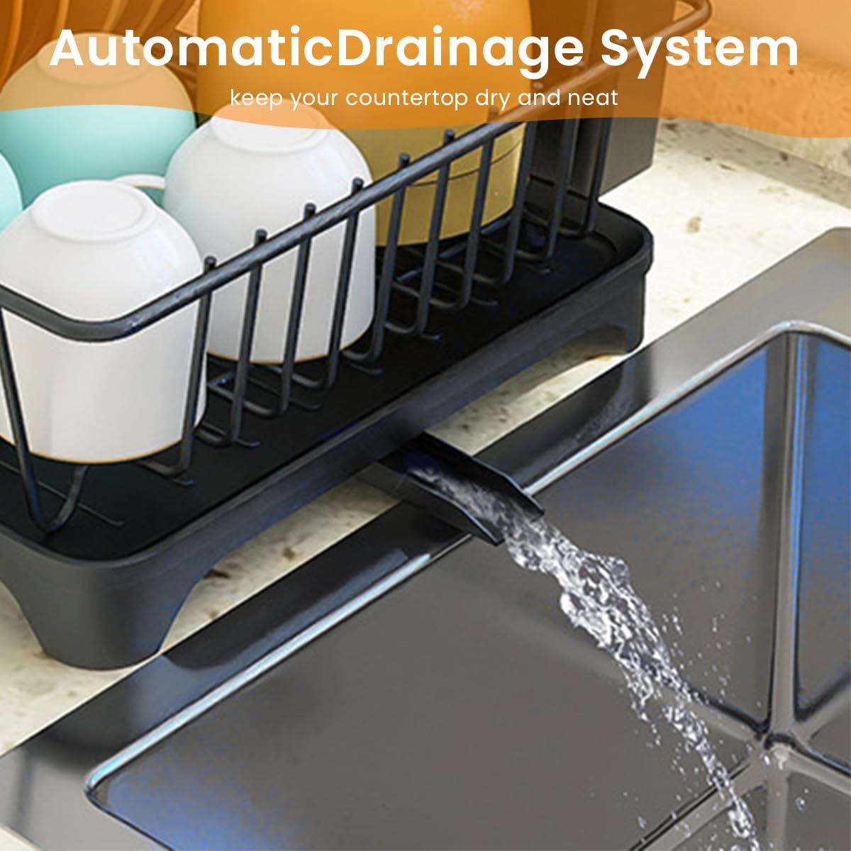 Supvox Dish Drying Rack 42x30x13 cm for Kitchen with Drainage Spout and Metal Cutlery Holder