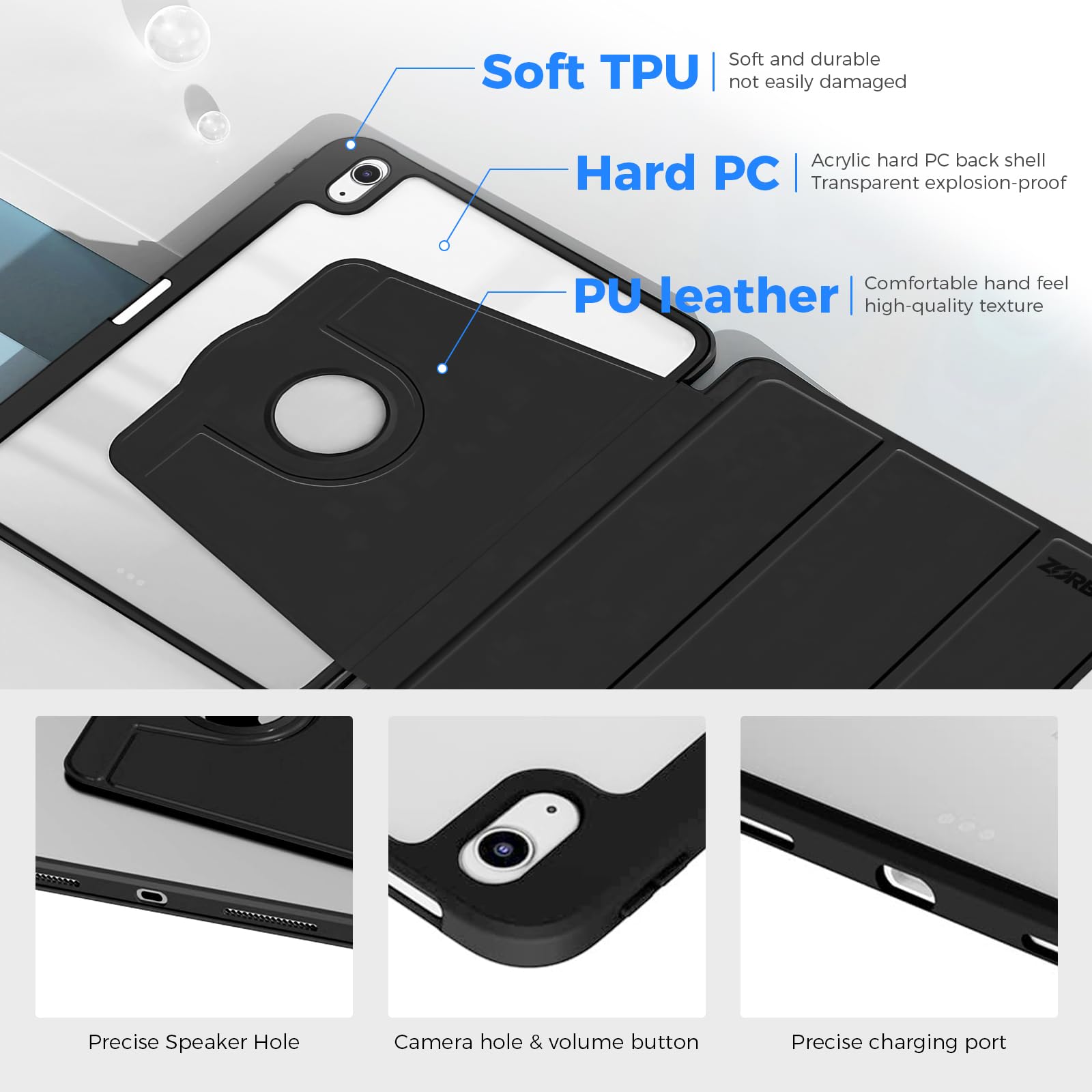 ZORBES Case for iPad 10th 10.9 in and 11th 11 in featuring 360° Rotating Stand | Clear TPU Shockproof Frame with Pencil Holder