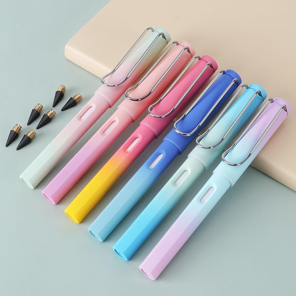 Climberty® 6 Pcs Everlasting Pencils Infinite Pencil with Eraser, 6 Pieces Interchangeable Head, Inkless Infinity Pencil Reusable Forever Pencil for Kids Writing Sketching Drawing (Gradient-A)