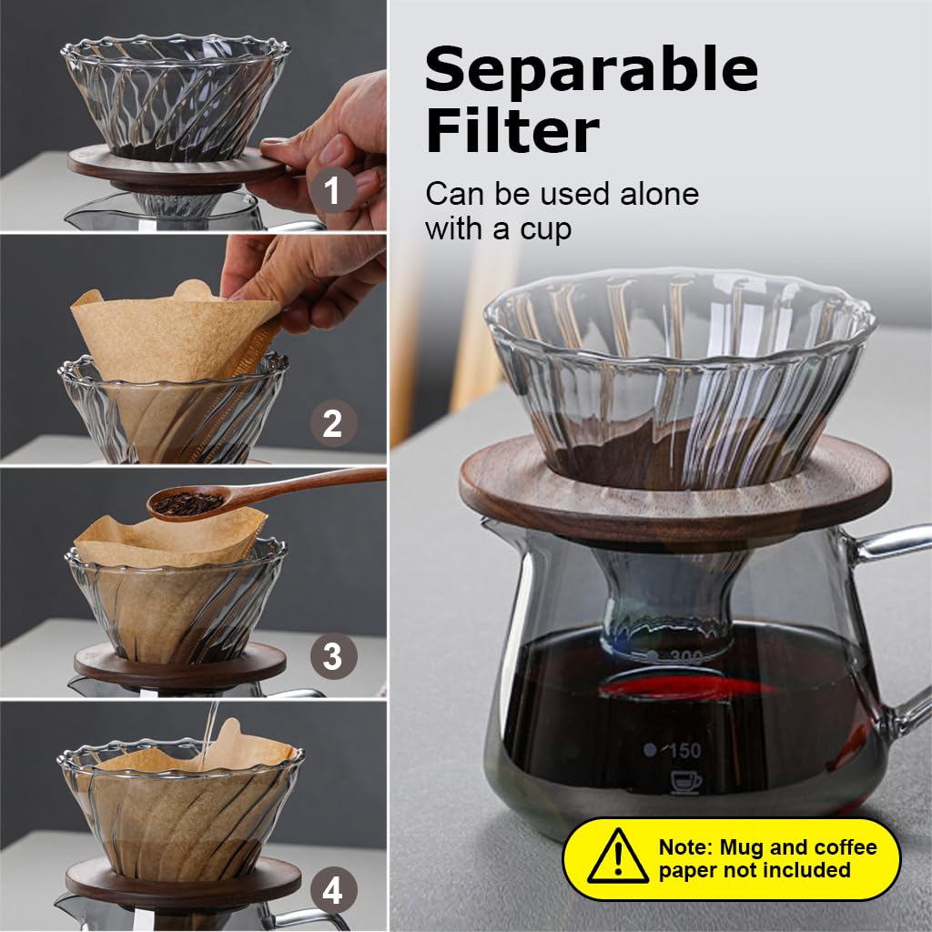 Supvox Glass Coffee Dripper with Spiral Ridges and Bamboo Stand | 2PCS High Borosilicate Set
