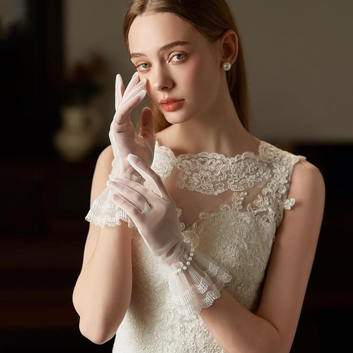 SANNIDHI Short Bridal Gloves for Wedding with Lace Trimmed Pearl Cuffs and Sheer Tulle | Elegant Accessory for Bridal Photography