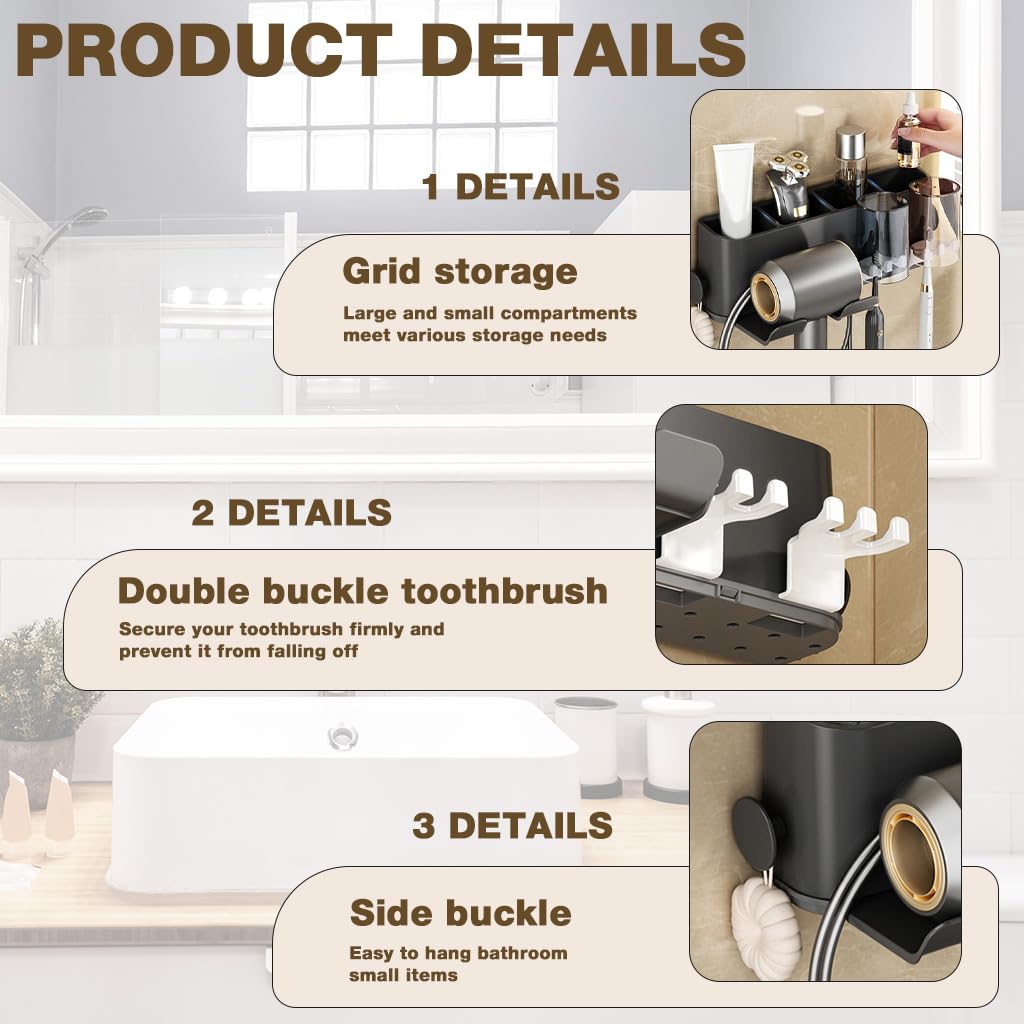HASTHIP Hair Dryer Holder for Bathroom with 4 in 1 Storage and Self Adhesive Mount | ABS Wall Organizer