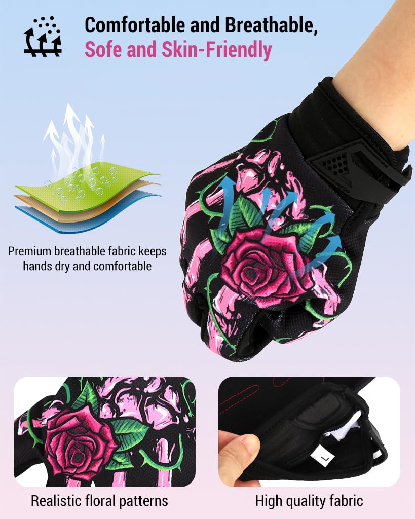 PROBEROS Riding Gloves for Motorcycle Use with Touchscreen Fingertips and Anti Slip Palm | Unisex Gothic Rose Design
