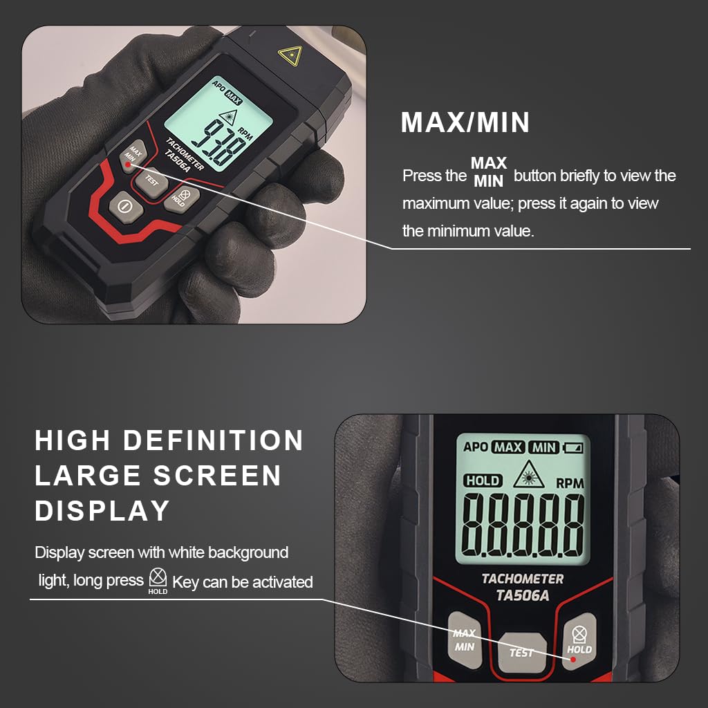 Serplex LCD Digital Tachometer for HVAC and Mechanical Testing with 3~99999 RPM Range | Non Contact Speed Gauge Featuring Data Hold and Max Min Recording