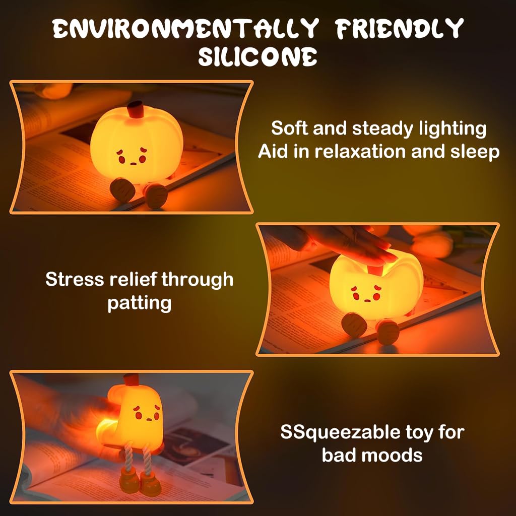 Verilux® LED Pumpkin Man Night Light Home Decor Silicone Pumpkin Man Night Light with 30 mins Auto Off Yellowish Cute Halloween Desk Illuminated Decoration USB Rechargeable LED Kids Room Night Light