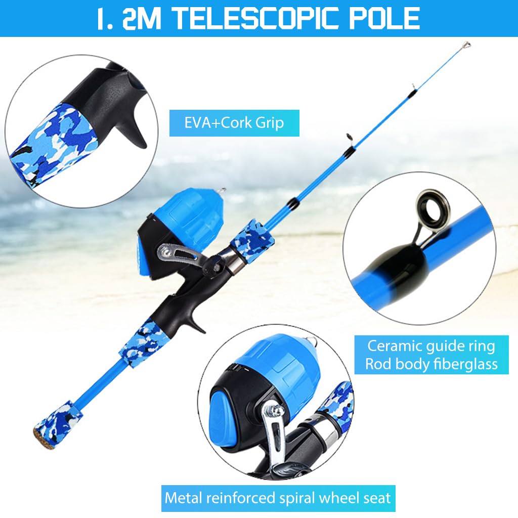 Proberos® Kids Fishing Rod Reel Set Outdoor Telescopic 1.2m/1.5m Fishing Rod Reel Set with Fishing Line, Fishing Lures Accessories Kit & Carry Bag Fishing Learning Kit for Kids Children's Day Gift