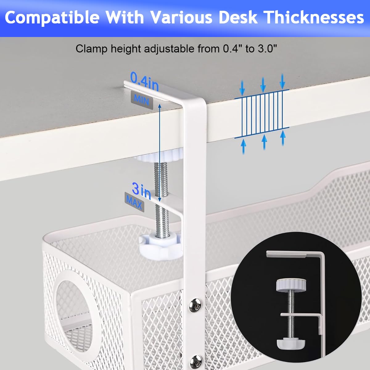Climberty Under Desk Cable Management Tray with Clamp for Office Use 13x4.7x3.1 in White
