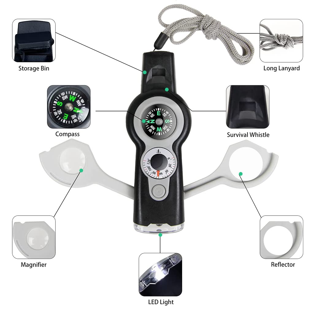 ZIBUYU 7-in-1 Emergency Survival Whistle for Camping and Hiking with Compass and Thermometer | Grey