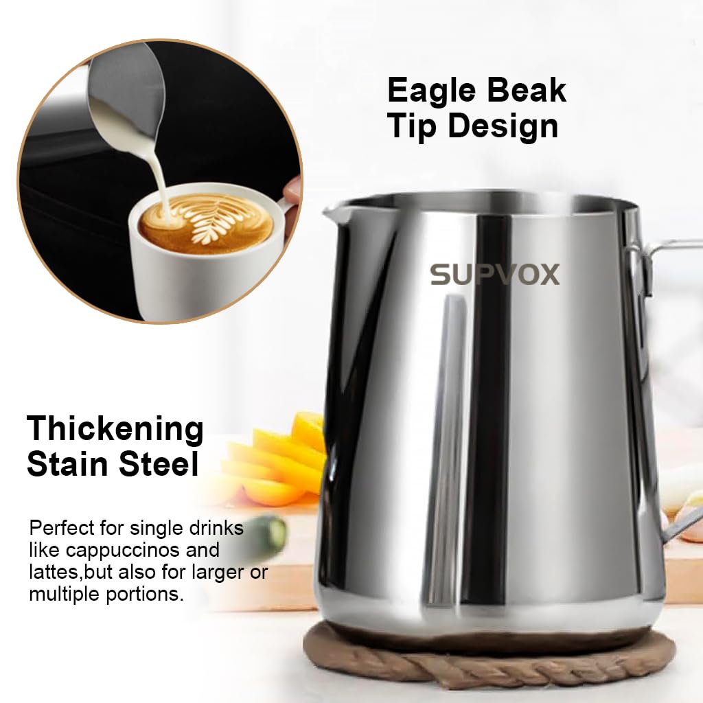 Supvox® Coffee Accessories Kit: 12oz Milk Frothing Pitcher & 100ml Espresso Cup, Food Grade Stainless Steel, Laser Etching Measuring Markings, Milk Jug Cup with Decorating Pen Latte Art, Coffee Tools
