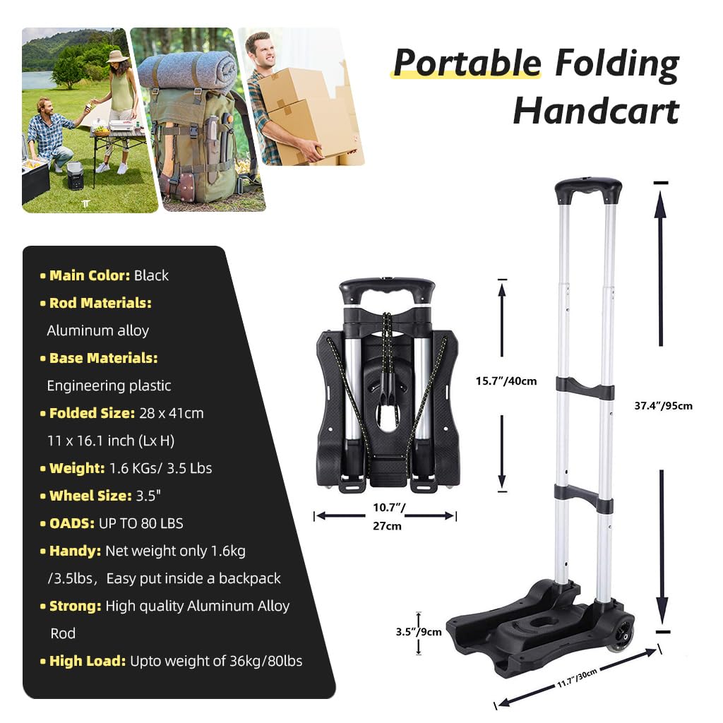 HASTHIP Folding Hand Truck for Travel and Office with 80lbs Capacity Aluminum Frame | Portable 2 Wheel Luggage Cart