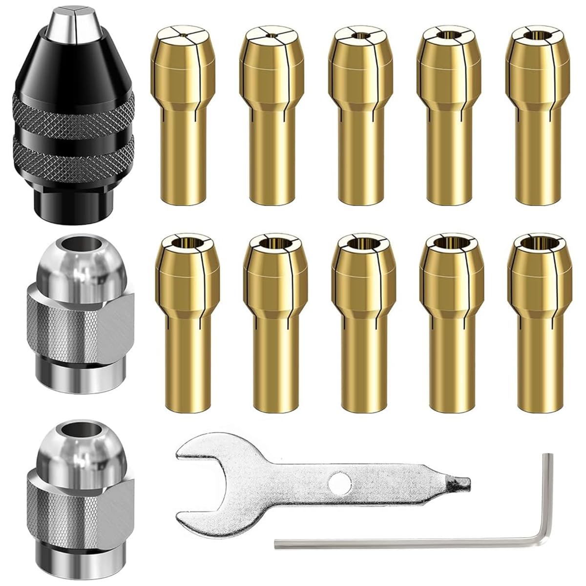 Serplex® Drill Chuck Collet Set for Dremel, 15Pcs Chuck Collet Kit, 0.8-3.2mm Shank Replacement 4486 Rotary Tool Keyless Quick Change Chuck Accessory with Replacement 4485 Brass Collet Metal Nut