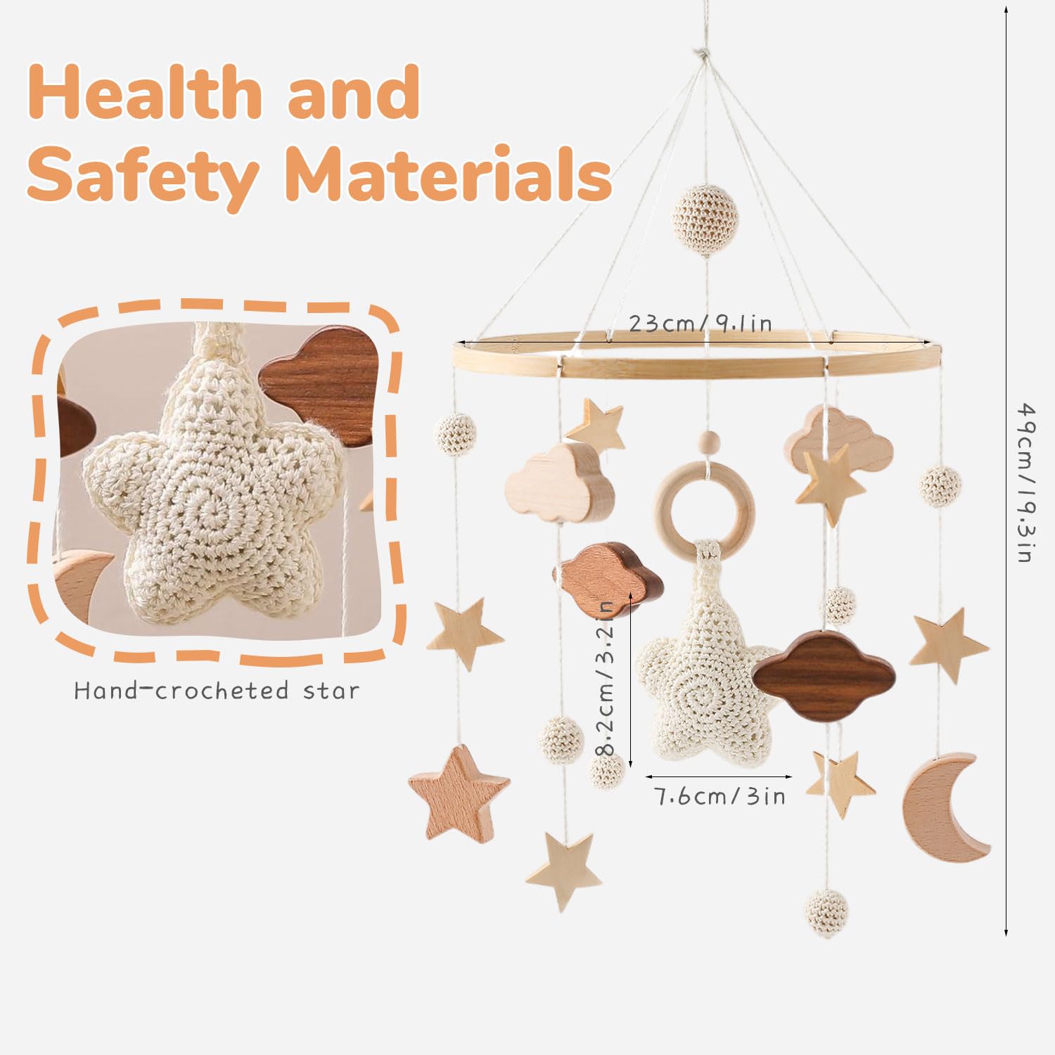 SNOWIE SOFT Wooden Wall Mounted Baby Mobile Arm with Movable Ring and 49.5 in Reach | Beech Crib Holder