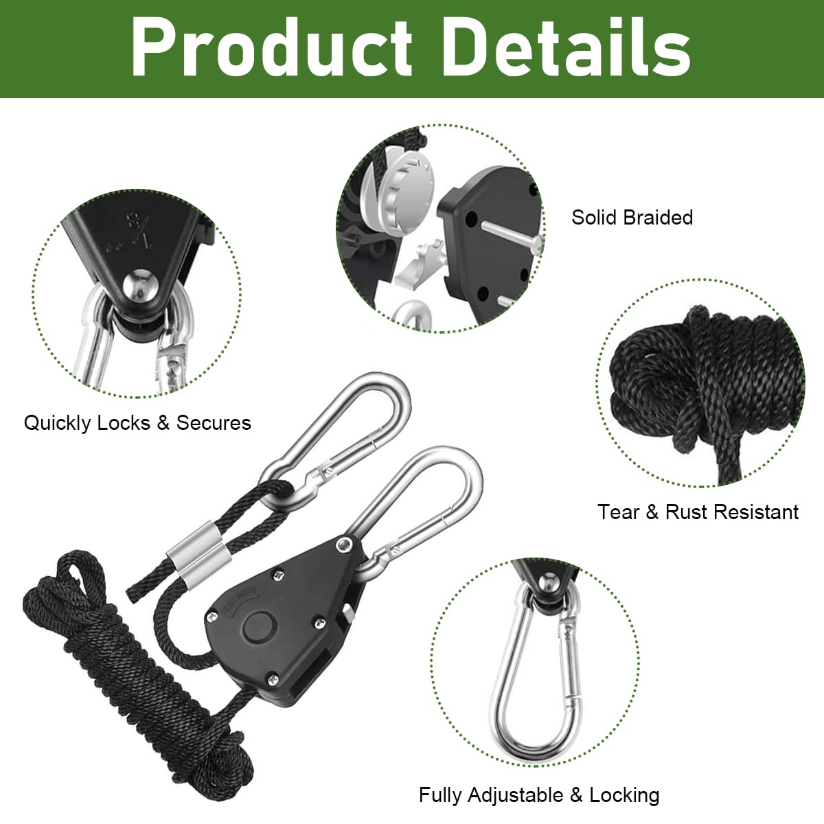 STHIRA Pulley Wheel Hanging Rope for Gardening and Camping with Dual Carabiners | 7.8 ft 1/8 in Nylon Heavy Duty 149 lbs Capacity