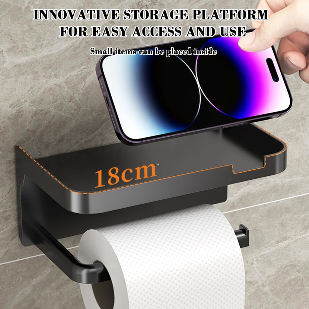 HASTHIP Toilet Paper Roll Holder for Bathroom with Mobile Shelf and Self Adhesive Mount 18x10x8cm Black