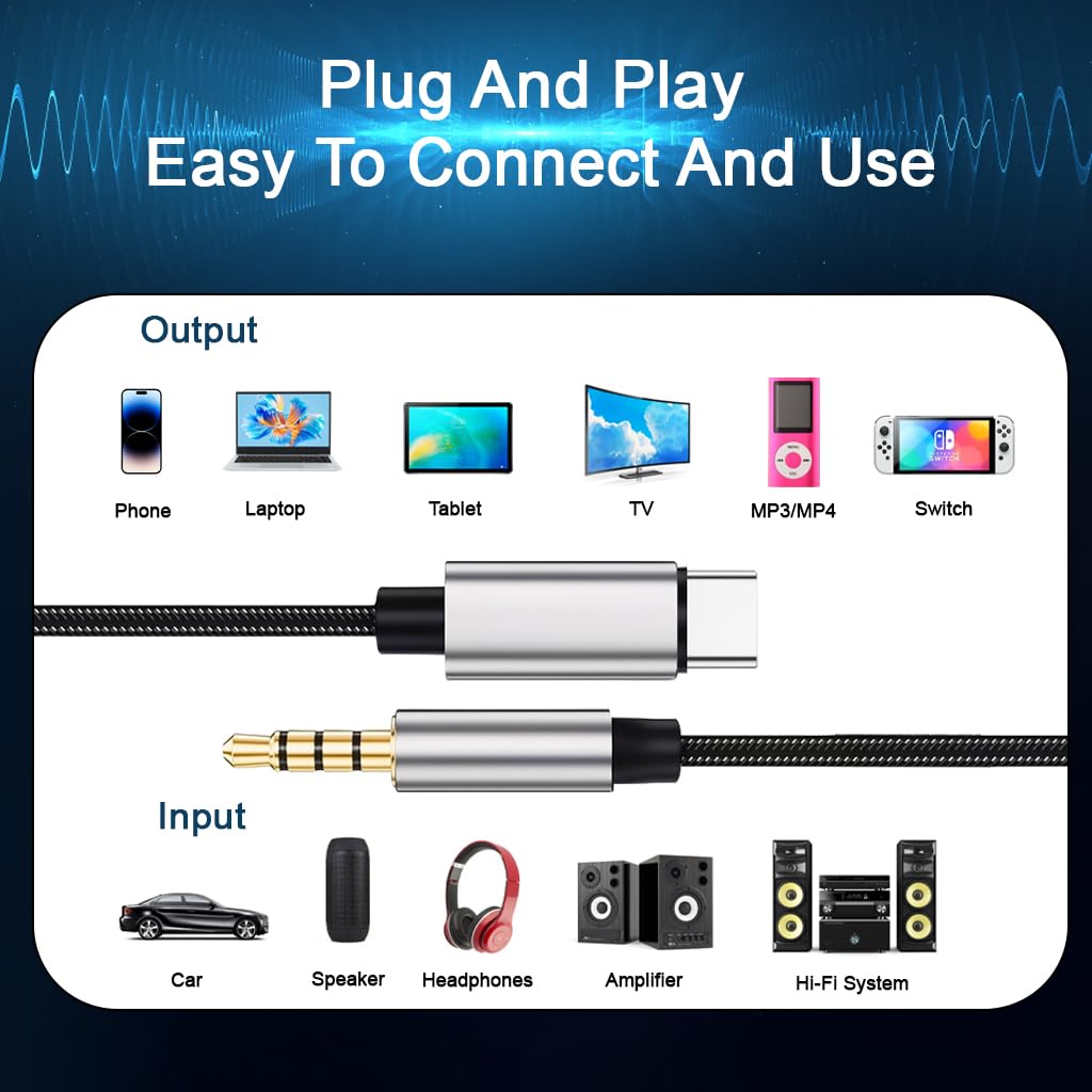 Verilux Type C to 3.5mm Audio Cable for Car and Headphones 6.6ft with DAC Chip | Nylon Braided