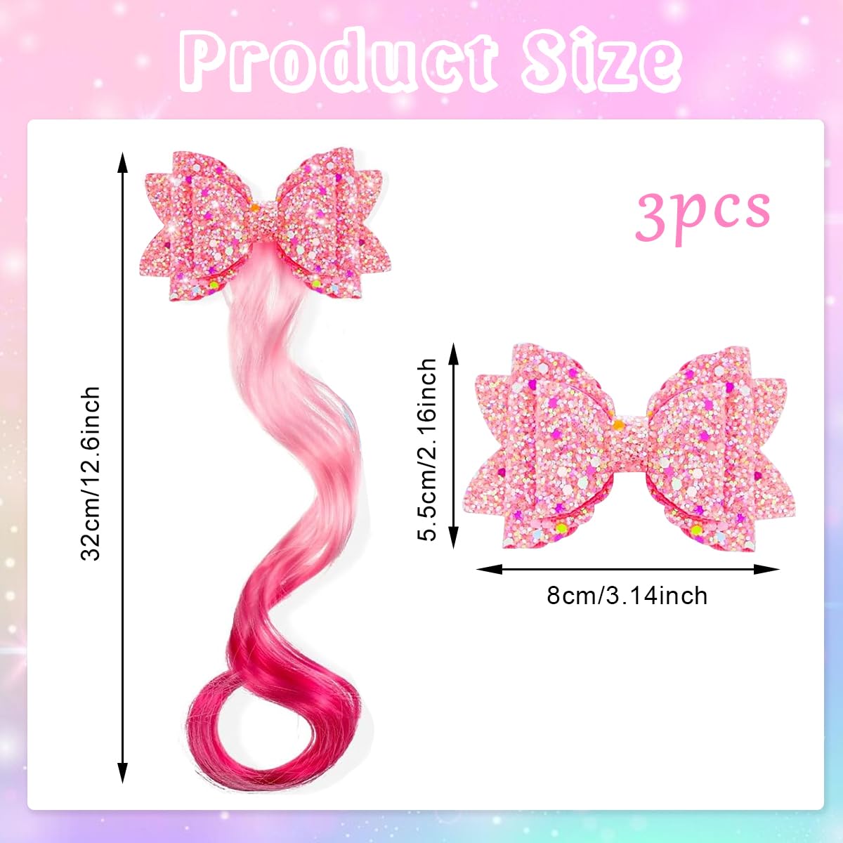 PALAY® 3Pcs Bow Hair Extensions for Kids Girls Glittering Hair Clips for Girls Clip-in Colorful Hair Extension for Ponytail Braid Cute Hair Accessories for Girls Gift Birthday Party Princess Dress Up