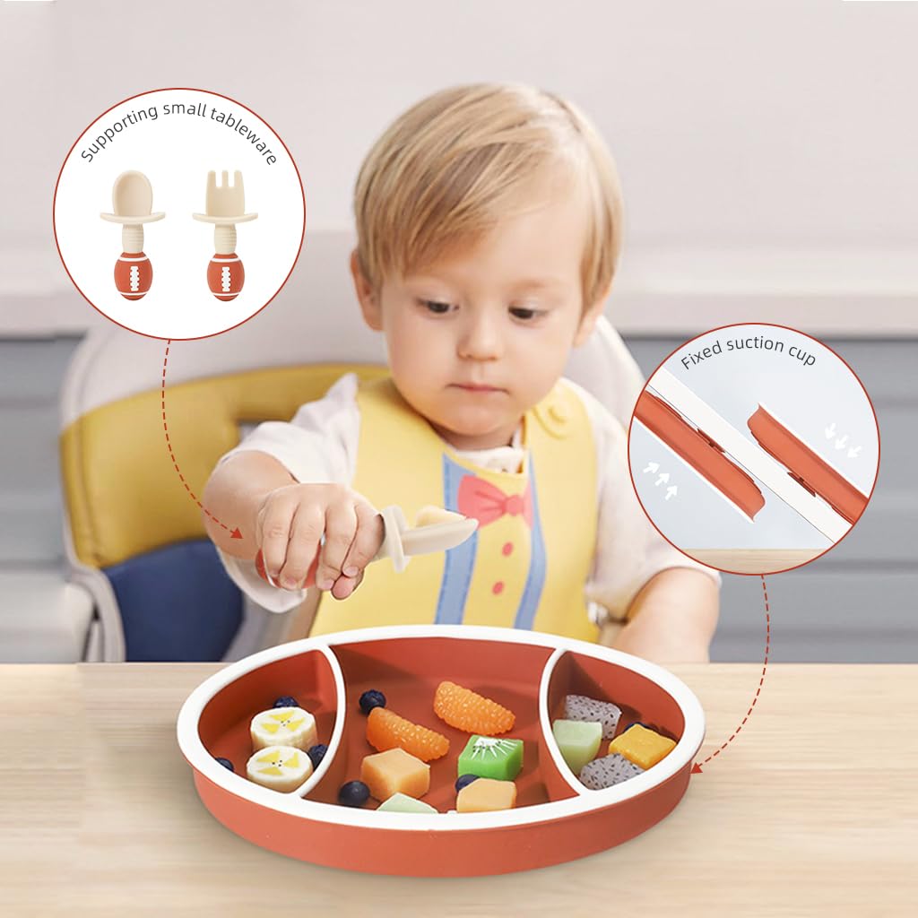 SNOWIE SOFT® Baby Food Plate Silicone Food Plate with Lid BPA-free Food Grade Suction Plates for Baby Silicone Plates for Babies Feeding Set Cartoon Rugby Shaped Baby Plate and Spoon Set