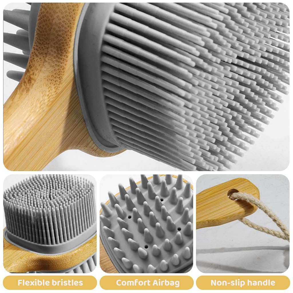 MAYCREATE Silicone Back Scrubber for Shower with Dual Sided Brush and Wooden Handle | Black