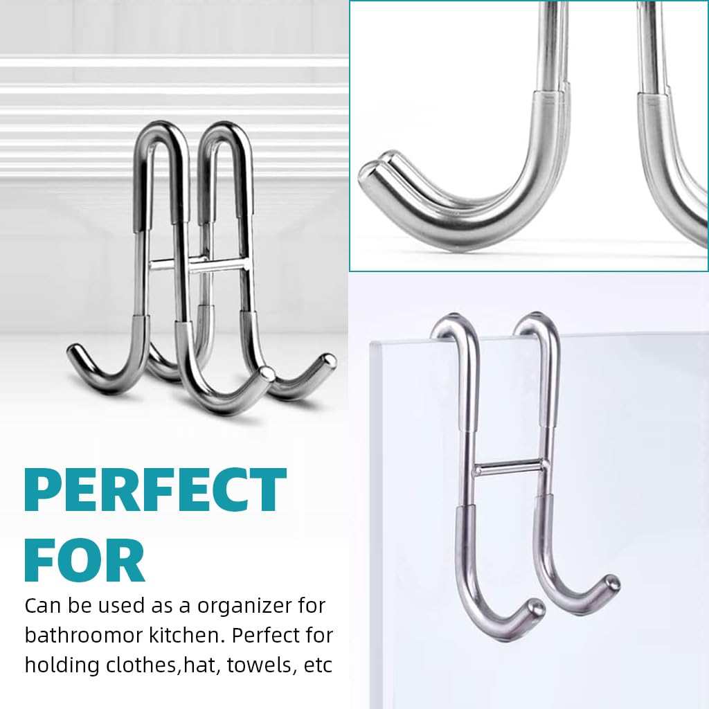 HASTHIP Door Hook Rack for Glass or Room Doors featuring 4-Prong Double-Sided Design | Stainless Steel Removable Organizer