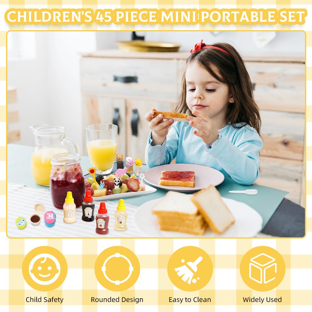 HASTHIP Mini Sauce Bottle Set for Lunch Boxes with 45pcs Assorted Jars and Fruit Forks | Portable Refillable Dispensers for Kids and Camping