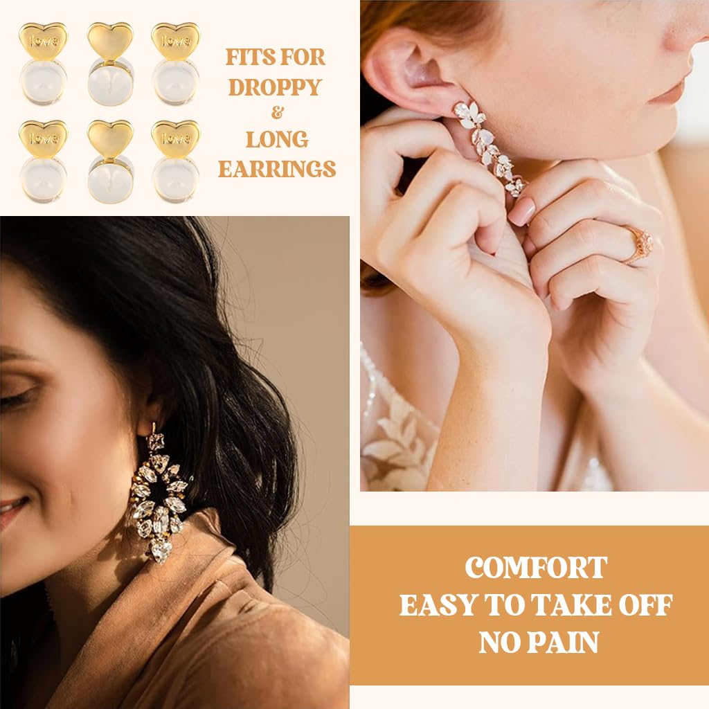 SANNIDHI Earring Supporter for Heavy Earrings featuring 6pcs Gold Heart Backs with Box | Comfortable Rubber Grip