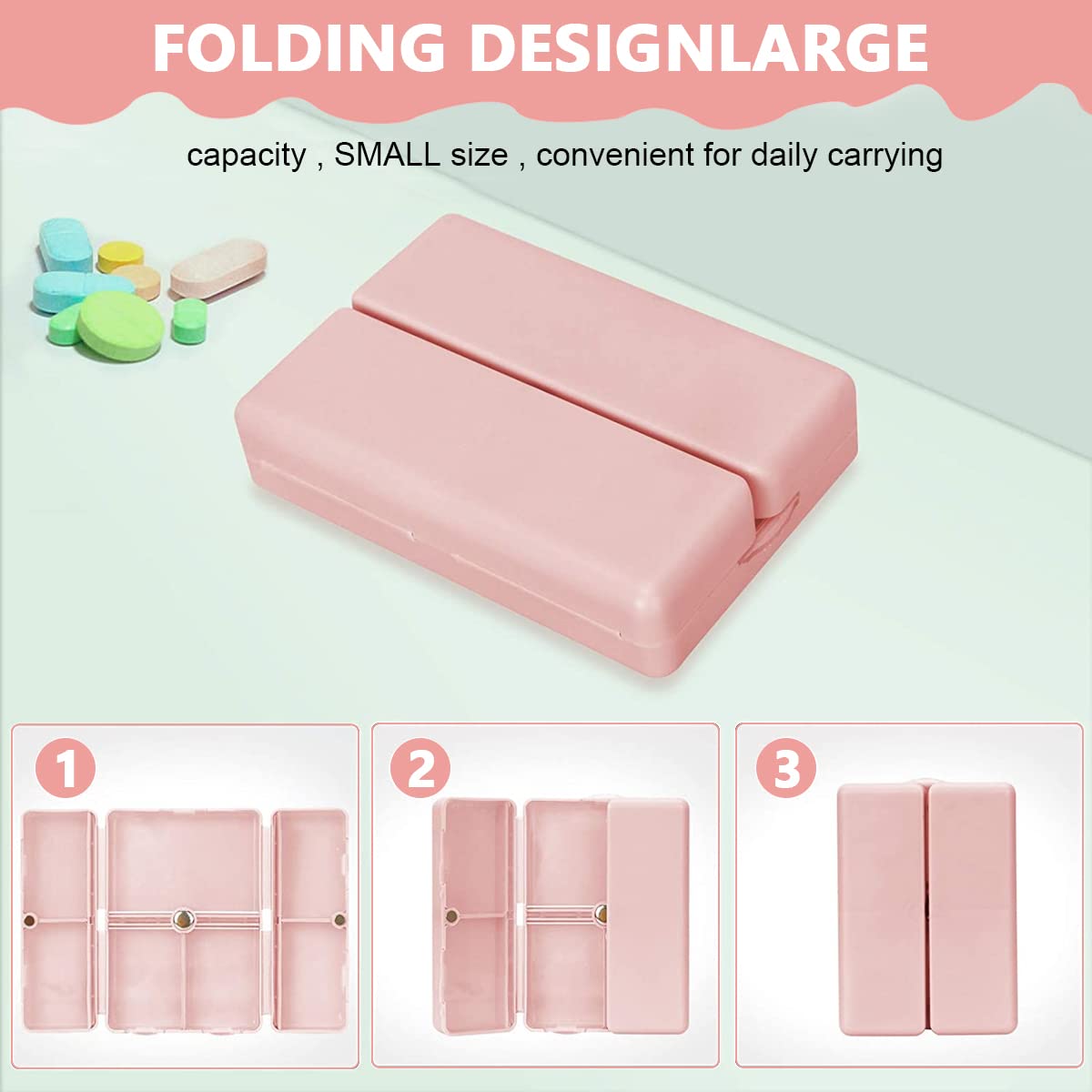 HANNEA® Pill Medicine Organizer Storage Box with 7 Compartments, Folding Design, Moisture-Proof Pill Box for Vitamin, Medicine, Pills, Supplements Holder Container, Pink