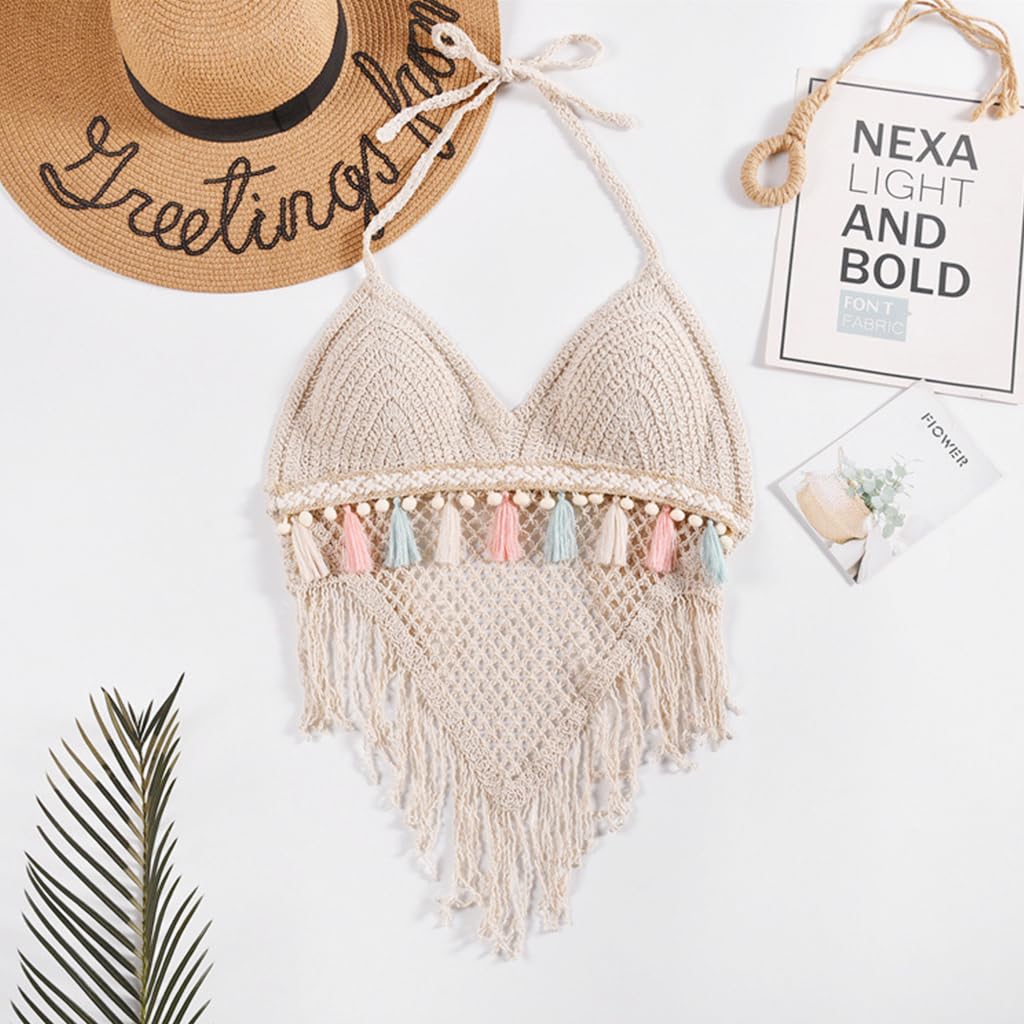 PALAY Women's Crochet Halter Top for Summer Beachwear with Fixed Bra Pads | Boho Backless Cami