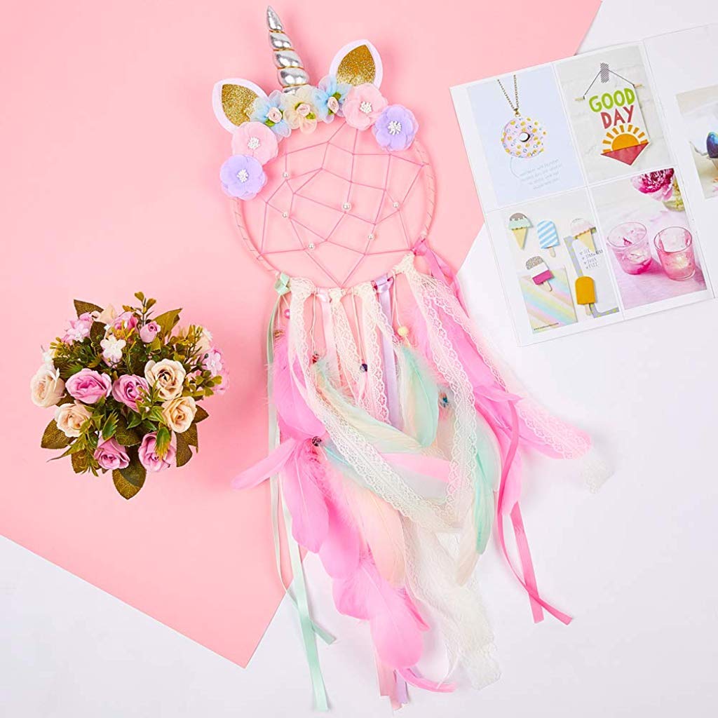 HASTHIP Dream Catcher for Home Decoration with Unicorn Design and Shiny Pearls Net | Pink Handmade Cotton Thread Feathers