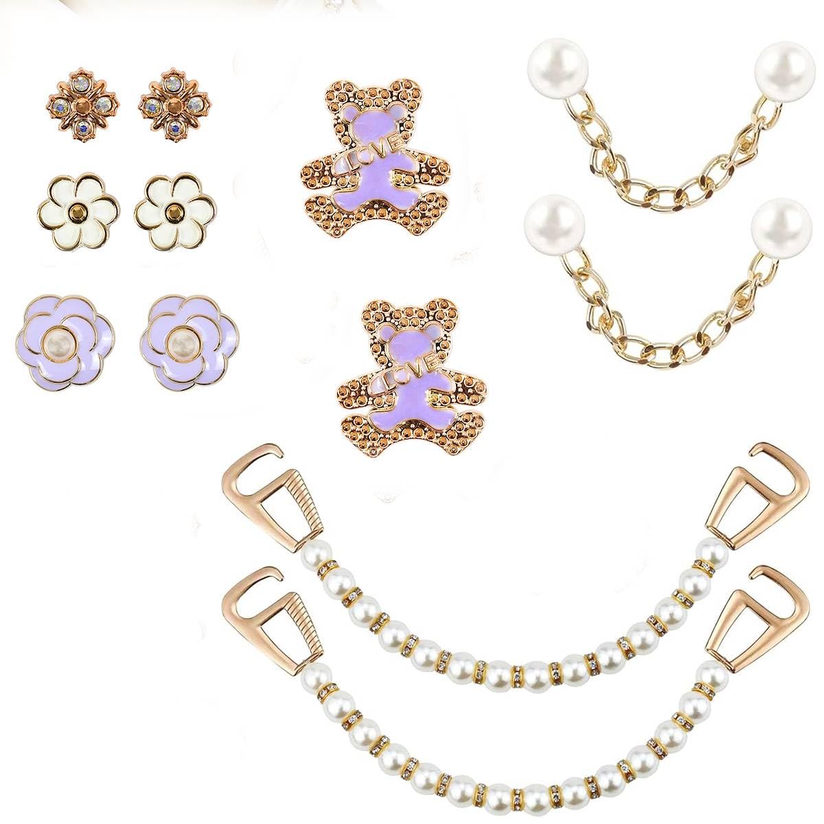 HASTHIP Shoe Charms for Clogs with 12 Zinc Alloy Pieces and Pearl Chain Designs | Women DIY Accessories