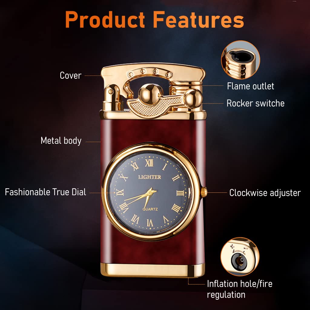 GUSTAVE Cigarette Lighter for Cigar and Camping featuring Lighted Watch and 7.5×3.8×1.5 cm Zinc Alloy Body