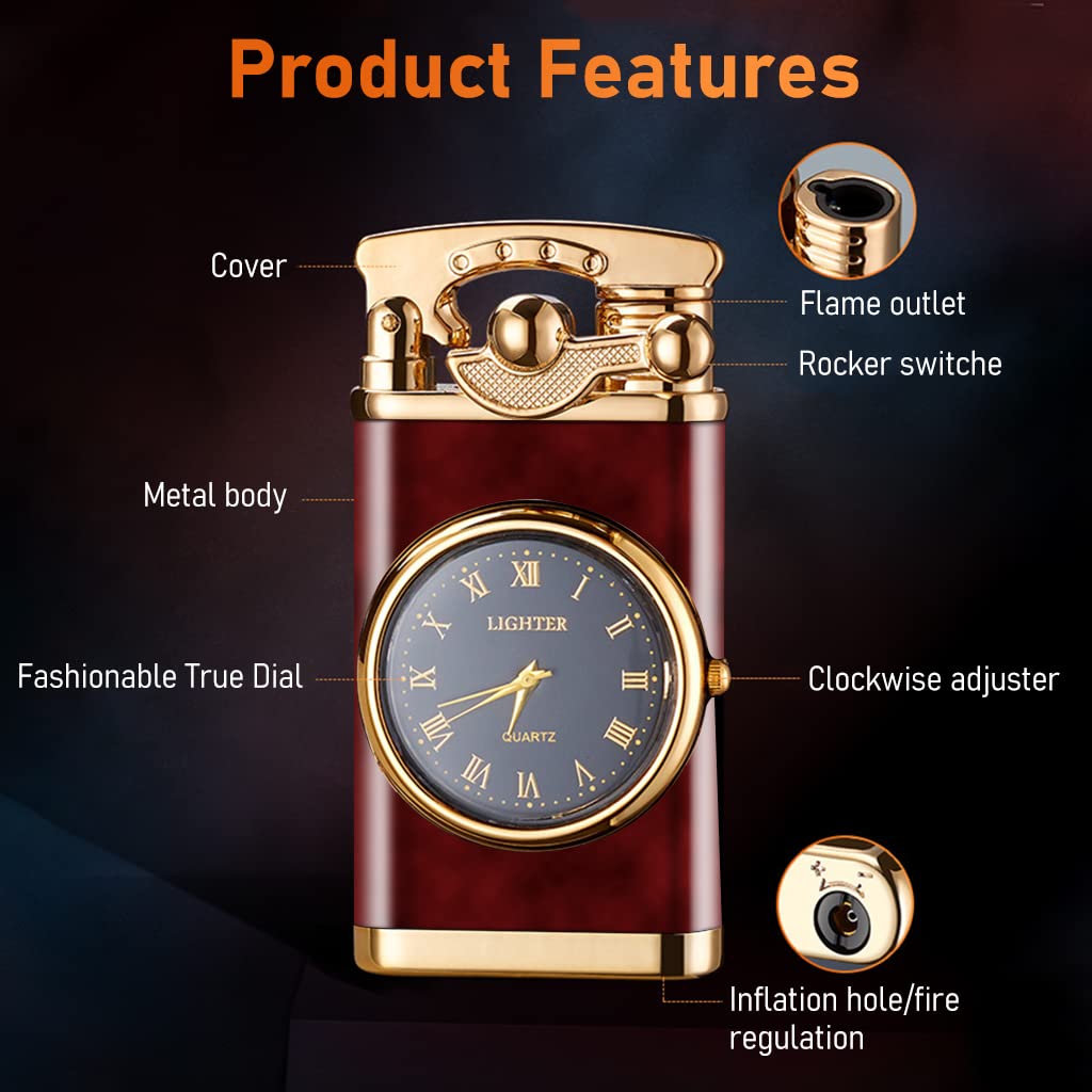 GUSTAVE® Cigarette Lighter with Lighted Electric Watch, Refillable Butane Lighter Cigar Lighter, Windproof Portable Candle Lighter for Grills BBQ Fireplaces Camping (Without Gas)