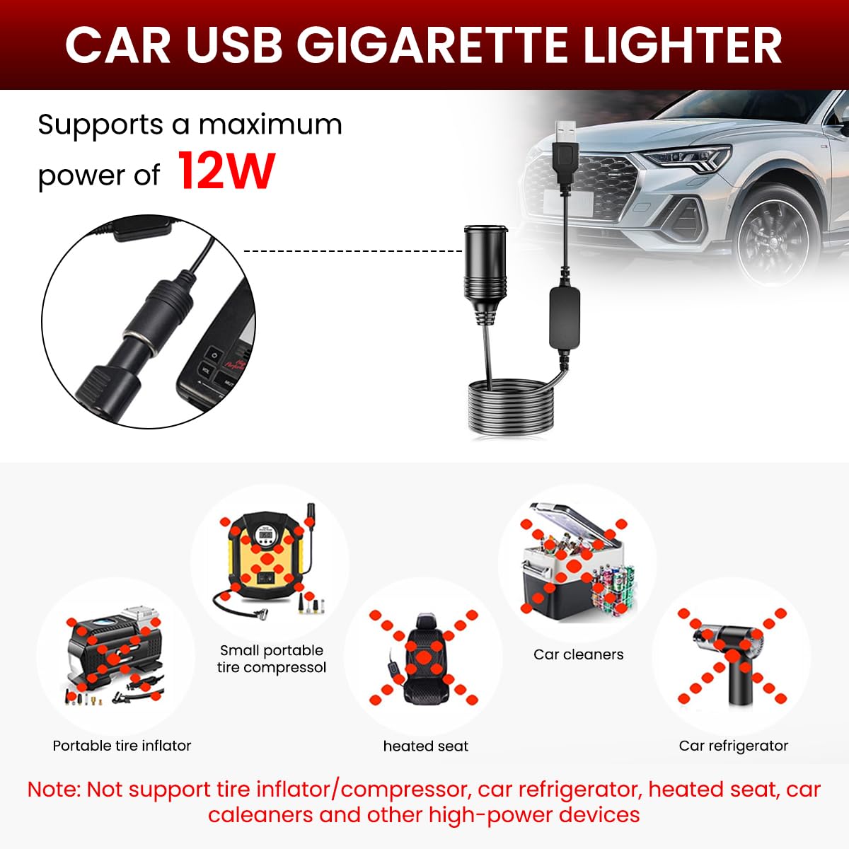 STHIRA USB to Cigarette Lighter Socket Converter for 12V Devices with 1.2 m Cable | 3PCS