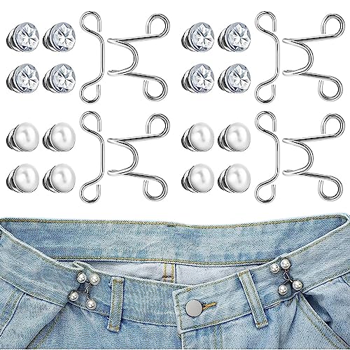 Venzina® 4 Pairs Jeans Button Pants Adjustable Waist Buckle, Instant Buttons for Loose Jeans, No Sewing Pant Waist Tightener Pins - Pearl & Crystal Style