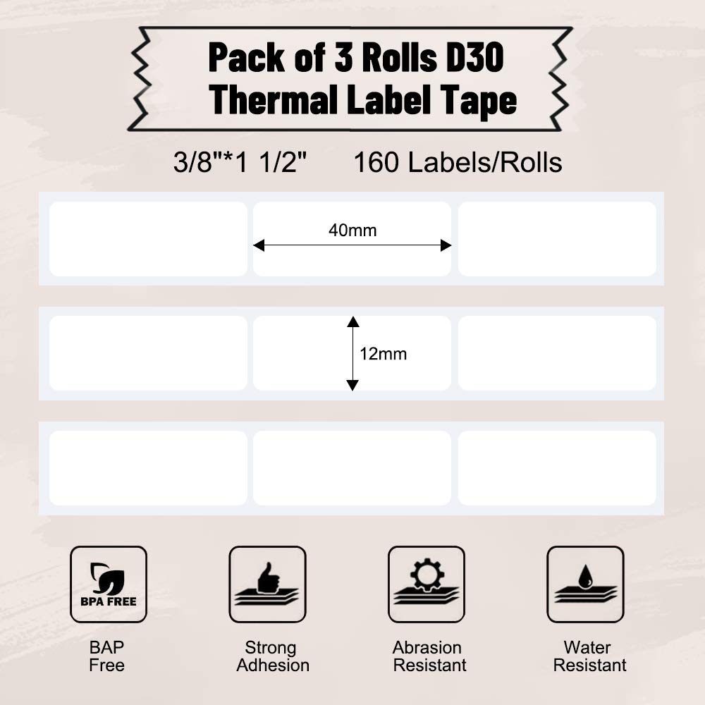 HASTHIP D30 Label Maker Tape Print Paper Black on White Sticker Thermal Paper Self-Adhesive Label Tape, 12 x 40mm (3/8  x 1 1/2 ) 160 Tapes/Roll, Include 3-Roll