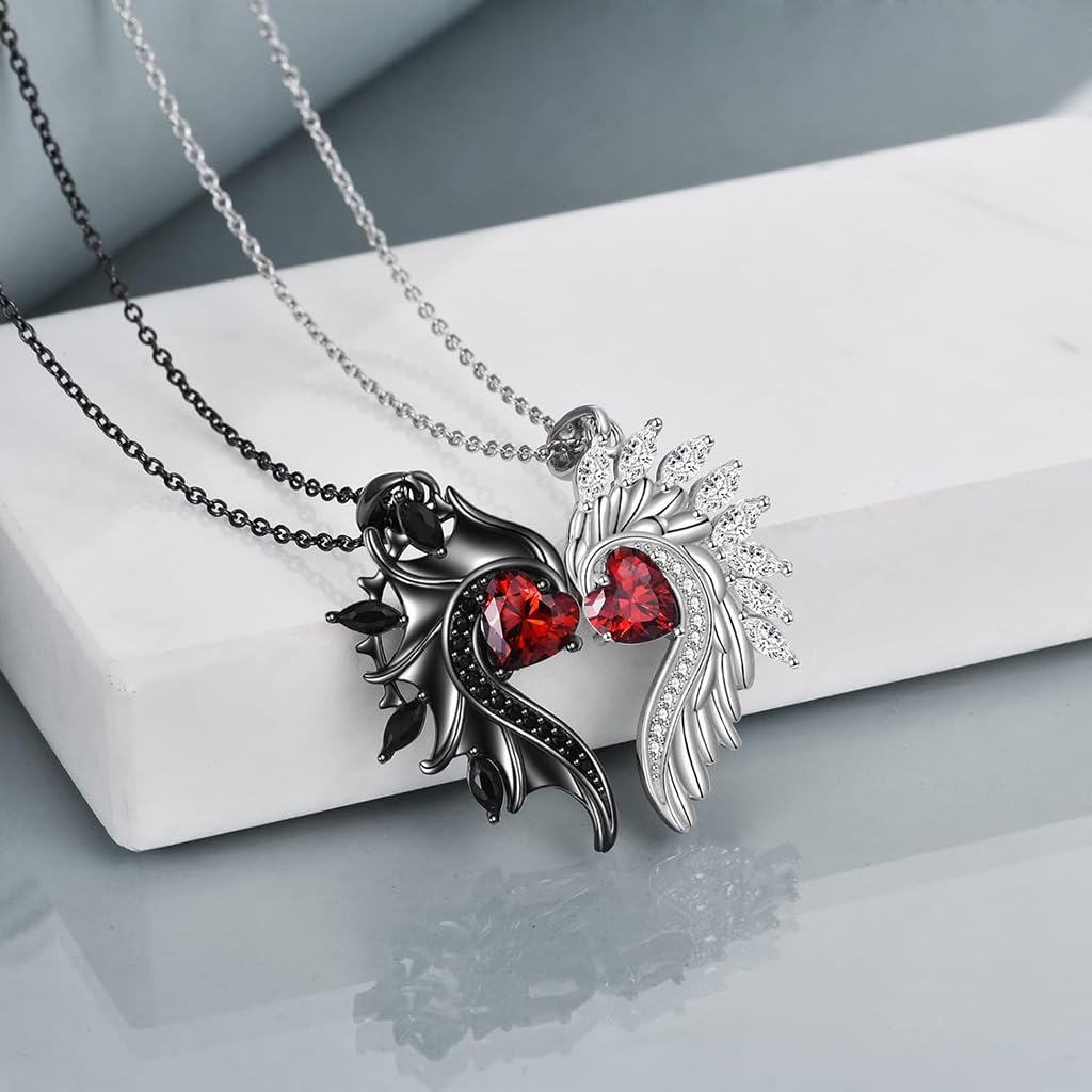 SANNIDHI Couple Necklace Angel and Devil's Wing Necklace Rhinestone Heart Symbol of Love Pendant Necklace for Couples Women Men Valentine's Day Anniversay Gift