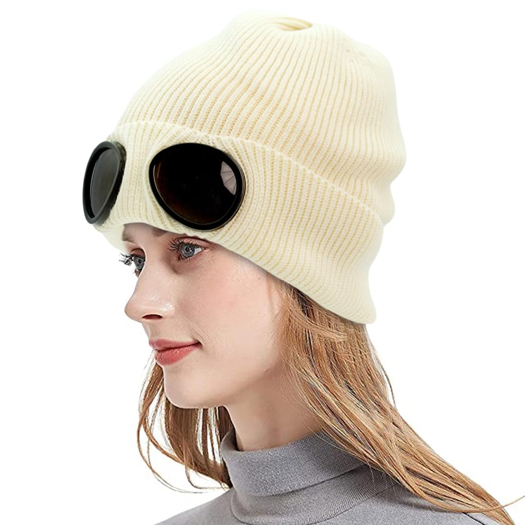 PALAY® Winter Hat Knitted Beanie Warm Hat Fashion Goggles Lens Knitted Cap Creative Couple (Beige)